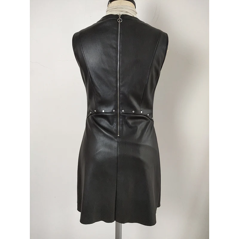Black sleeveless genuine women PU leather dress