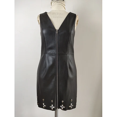 Wholesale Fashion Ladies Casual Black Faux PU Leather Shirt Dress