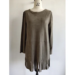 Women brown Long Fuax Suede Top with fringe