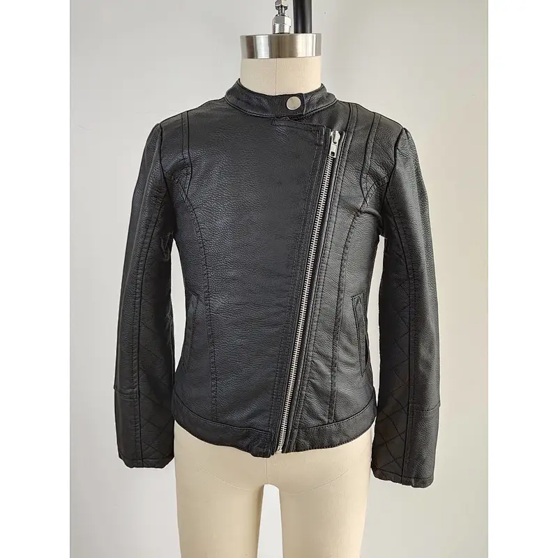 O Neck PU leather jacket for girls