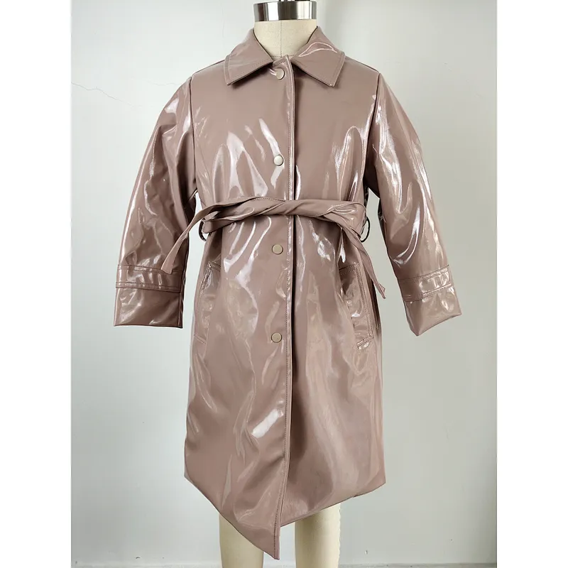 Shiny waterproof baby style long slim PU jacket for girl