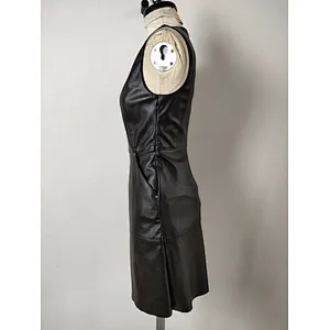 Custom women V-neck solid black PU dress for spring and summer