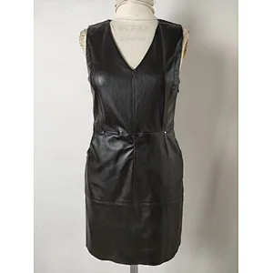 Custom women V-neck solid black PU dress for spring and summer