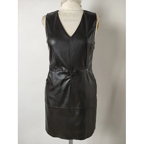 Custom women V-neck solid black PU dress for spring and summer