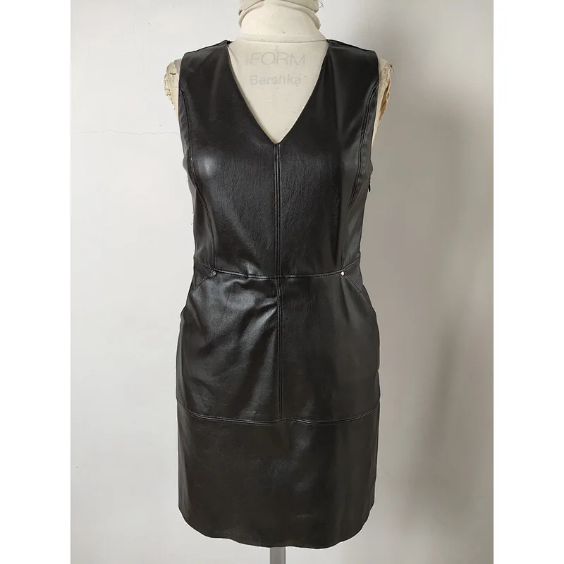 Custom women V-neck solid black PU dress for spring and summer