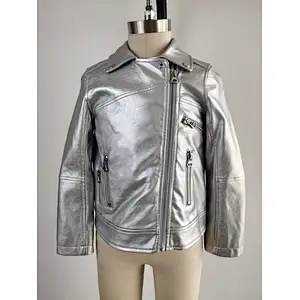 Shiny silver pu leather jacket for girls