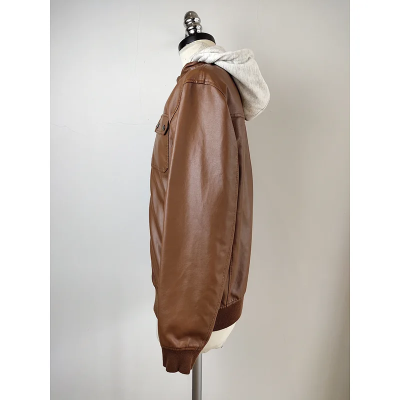 Men Brown PU leather jacket with hood