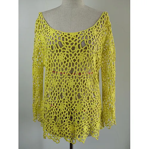 New summer ladies yellow women's long sleeve cotton lace crochet top