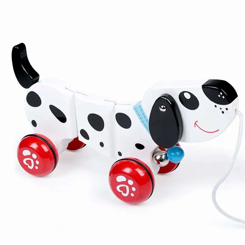 RUYU Puppy Wooden Push-Along Walking Toy for Beginner Walkers，Helps Fine Sports Skills, Spotty Dog, Rubber Rimmed Wheels for Easy Push and Pull Action, Classic Developmental Pull Toy