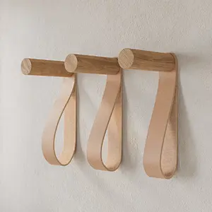 Wall Hooks, Natural Wooden Coat Hooks Wall Mounted with Leather (3pcs
