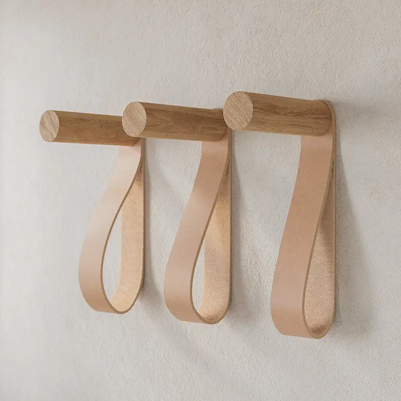 Wall Hooks, Natural Wooden Coat Hooks Wall Mounted with Leather (3pcs