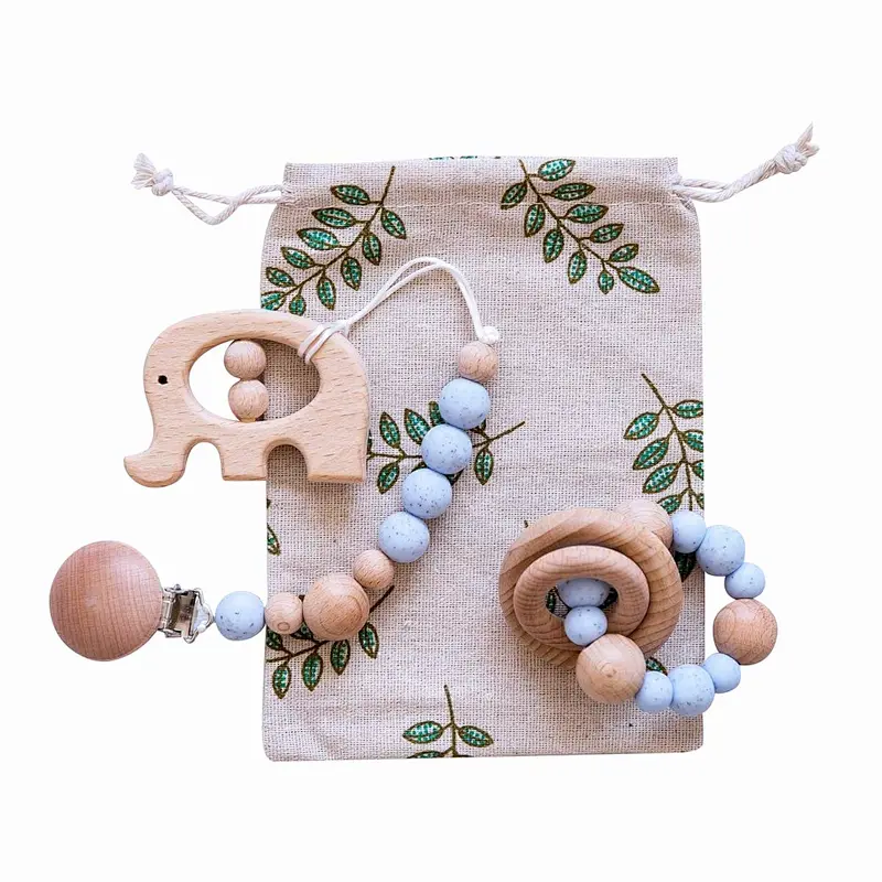 Set of 2 Baby Teether Organic Wooden Rattle Ring Toy