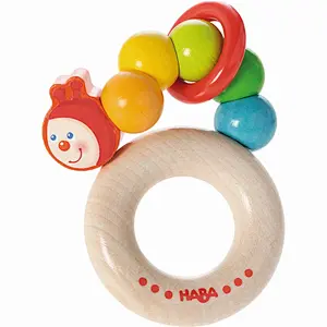 Clutching Toy Rainbow Caterpillar Beech Wood Rattle & Teether with Plastic Ring