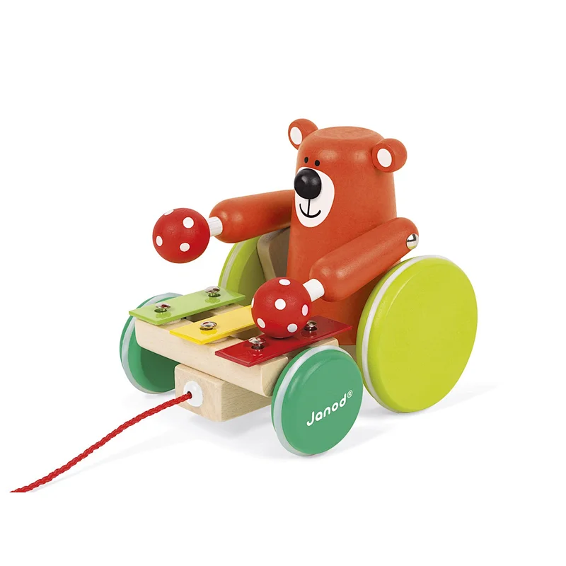Xylo Bear Pull Along Early Learning and Motor Skills Toy Made of FSC Certified Beech and Cherry Wood for Ages 12 Months+