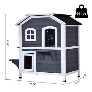 Solid Wood Cat House 2-Stories, with Indoor Lounge Space, Indoor/Outdoor, and Fun Entrances, Catio, Blue