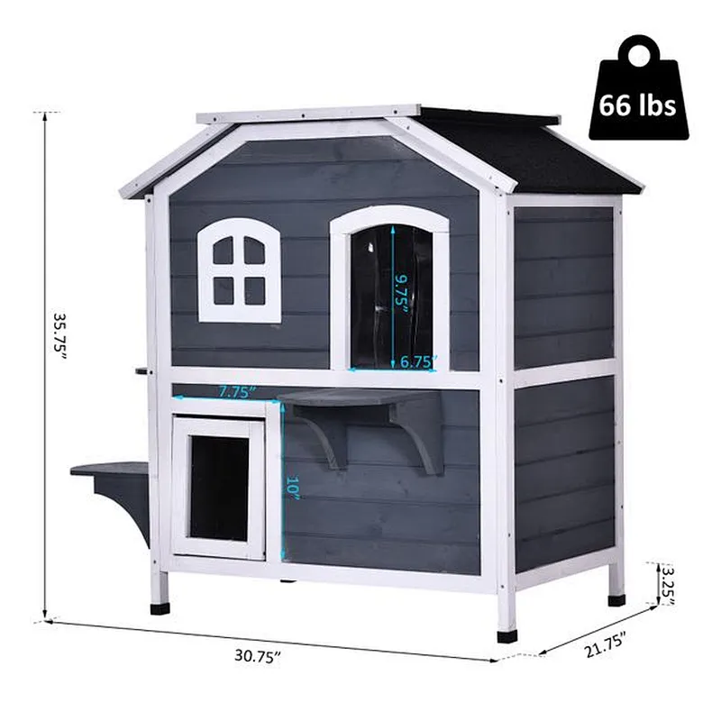 Solid Wood Cat House 2-Stories, with Indoor Lounge Space, Indoor/Outdoor, and Fun Entrances, Catio, Blue