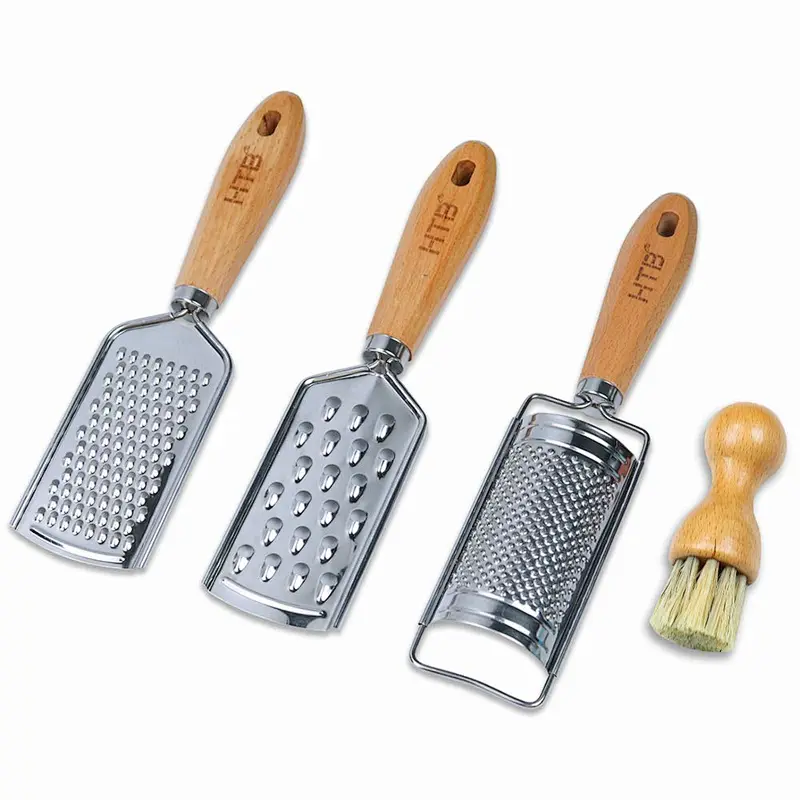 Multi Kitchen Graters for Cheese, Nutmeg, Potato, Ginger and Garlic, Handheld Stainless Steel Zester With Beech Wood Handle, Set of 3 Grinders (2 Flat and 1 Half Round)