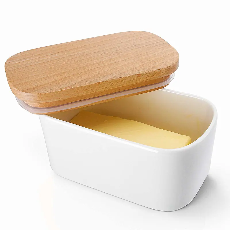 Large Butter Dish - Airtight Butter Keeper Holds Up to 2 Sticks of Butter - Porcelain Container with Beech Wooden Lid, White