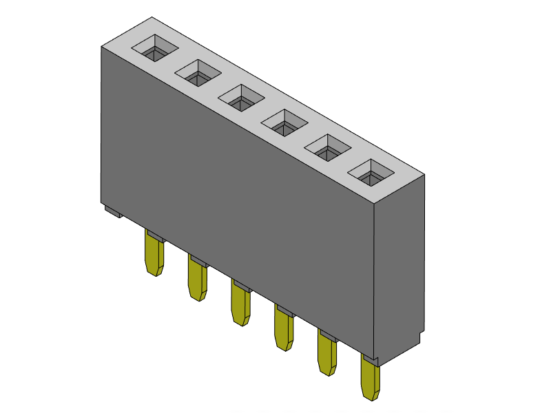 2.54mm pitch single row female connector series (2p-40p) soldered perpendicular to the PCB through-hole