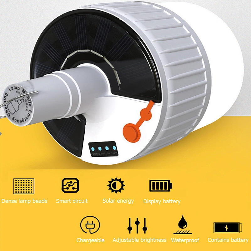 Bombilla de luz solar de emergencia LED recargable para exteriores con panel solar incorporado