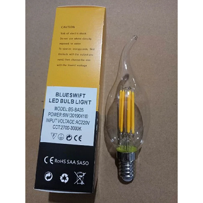 Alta calidad 220v E14 4W 6W C35 Bombilla de filamento vintage Luz de vela LED con cola