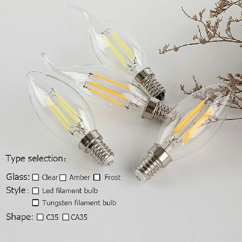 Alta calidad 220v E14 4W 6W C35 Bombilla de filamento vintage Luz de vela LED con cola