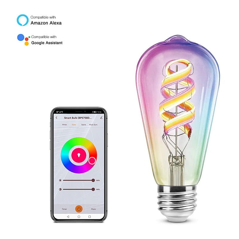Blueswift RGB Smart WIFI Control 6W E27 16 millones de colores Lámpara de filamento LED regulable Luces de bombilla