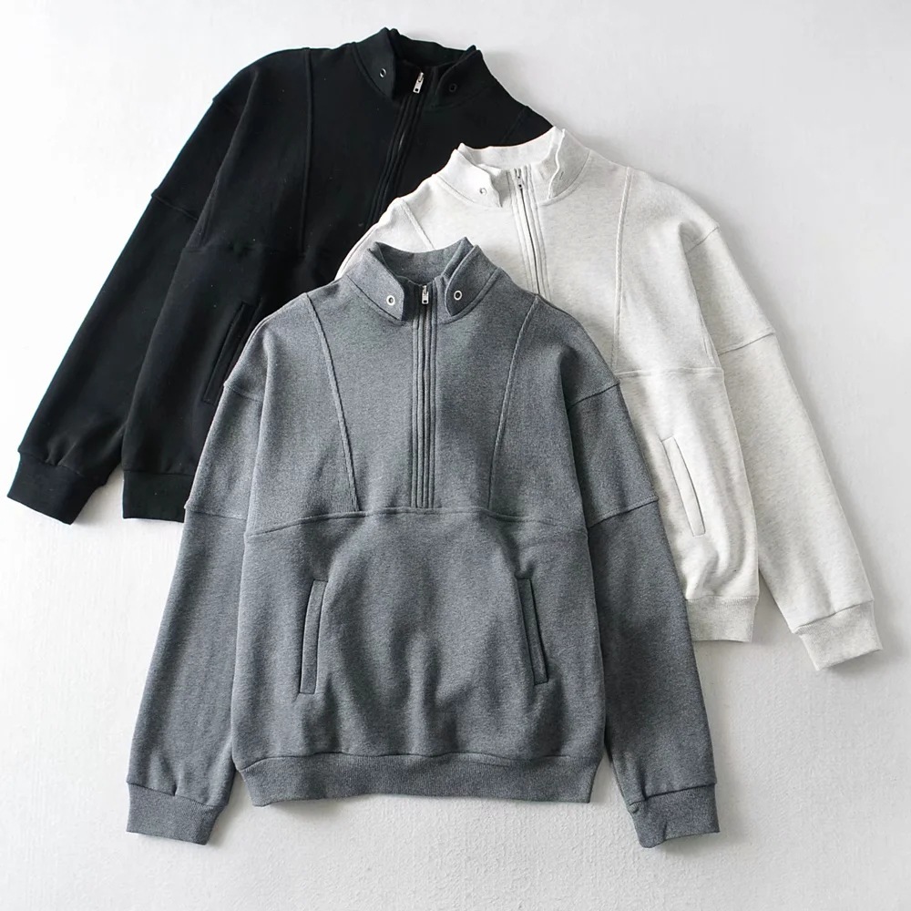 Double-collar solid color zipper pullover sweater