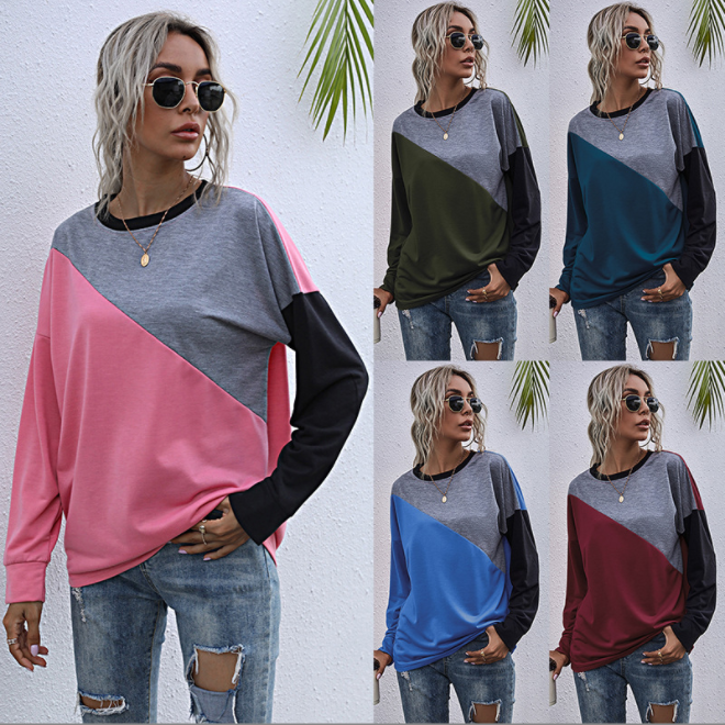 Loose round neck stitching women's long-sleeved sweater
