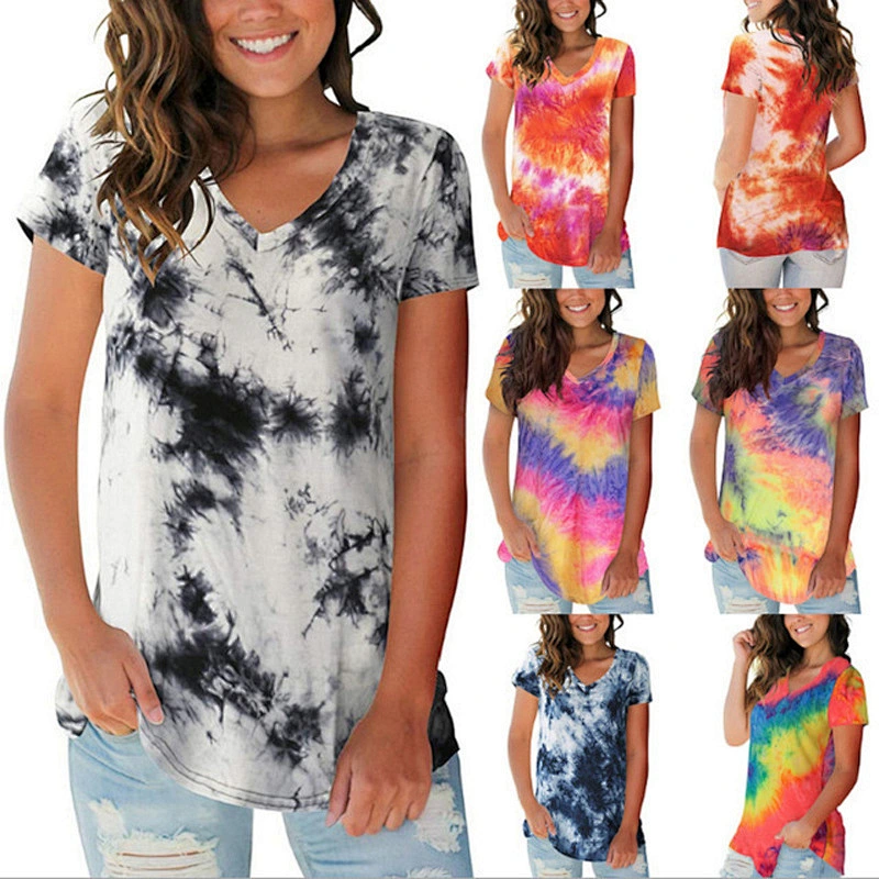 Women's pullover tie-dye V-neck short sleeves