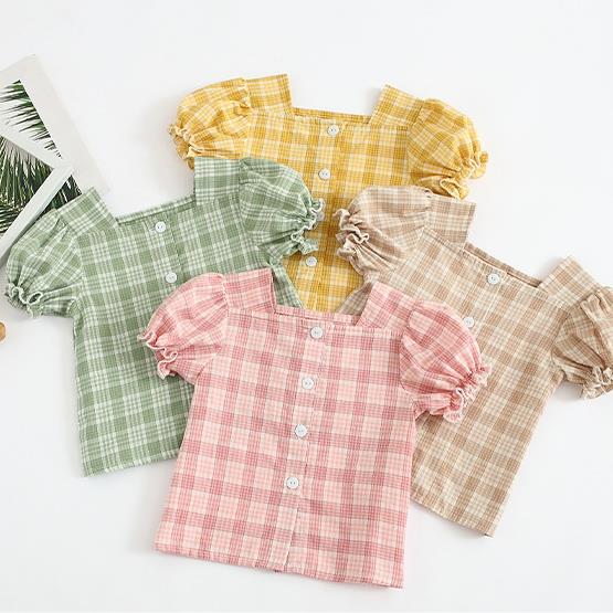 Girls' square neck baby shirt plaid T-shirt