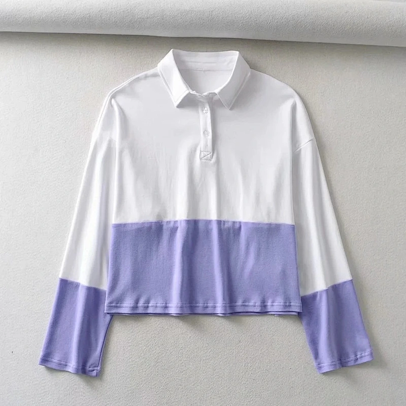 Women's Loose Color Block Lapel Polo Shirt