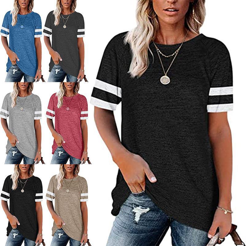 Summer new women's stitching round collar casual T-shirt