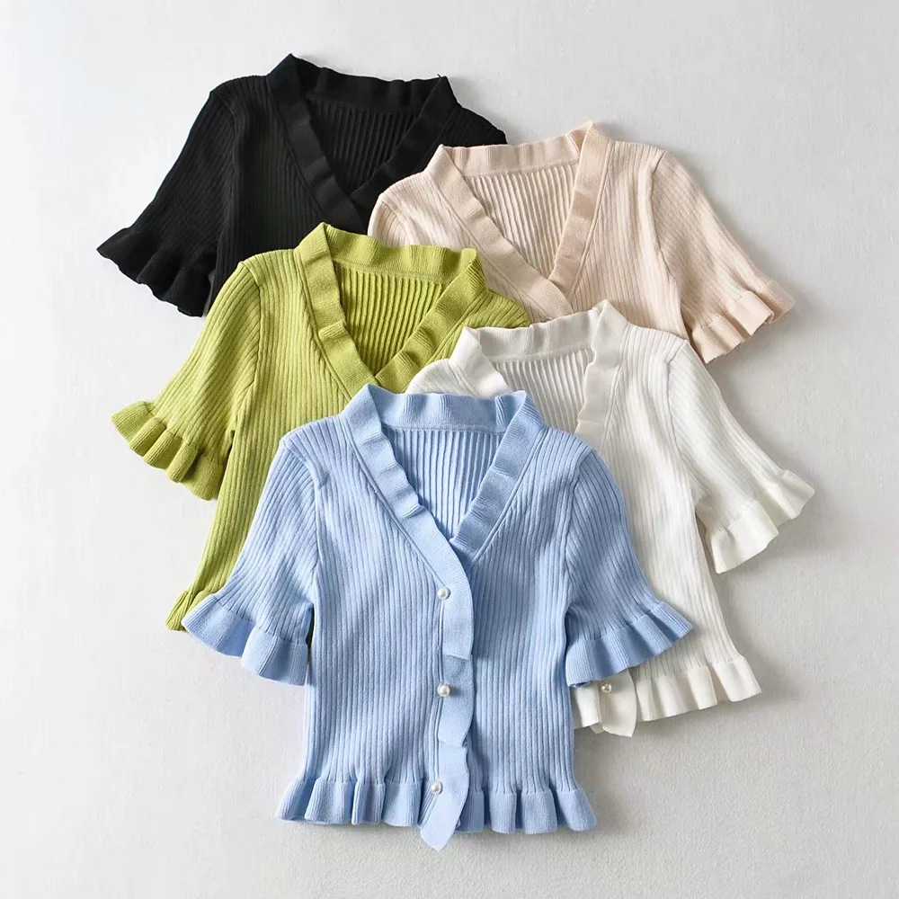 Stretch slim ruffled cardigan top