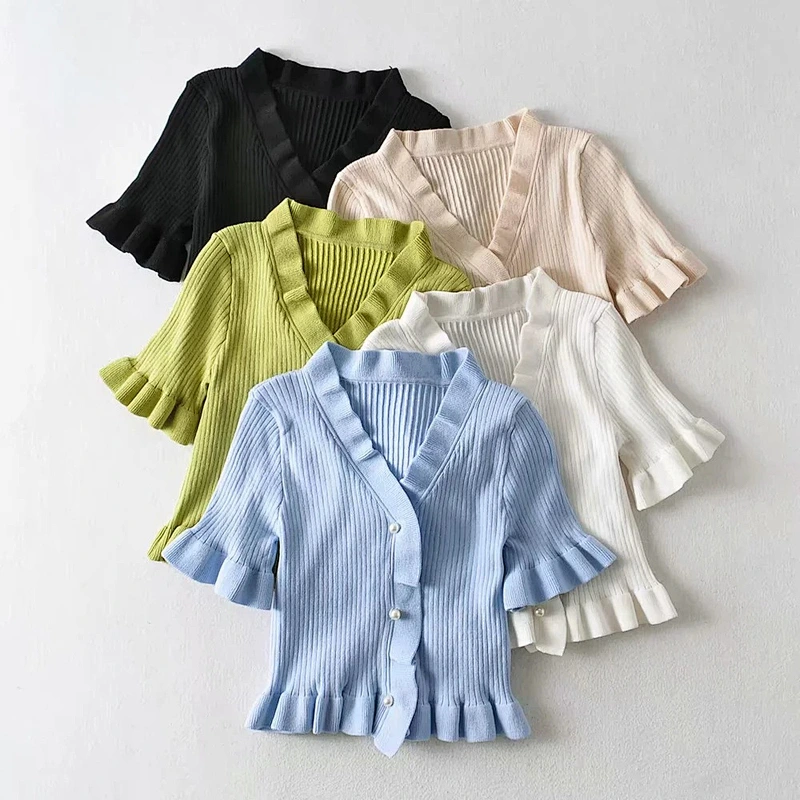 Stretch slim ruffled cardigan top