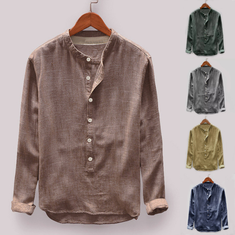 Solid color loose shirt with pullover stand collar
