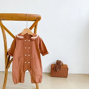 Baby girl doll collar double breasted jumpsuit