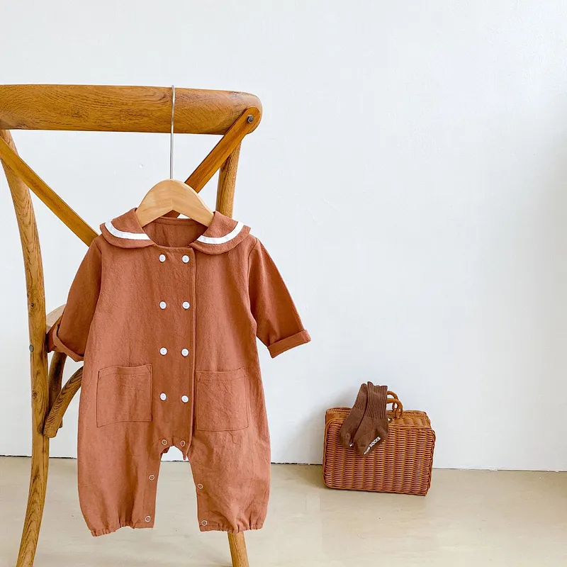Baby girl doll collar double breasted jumpsuit