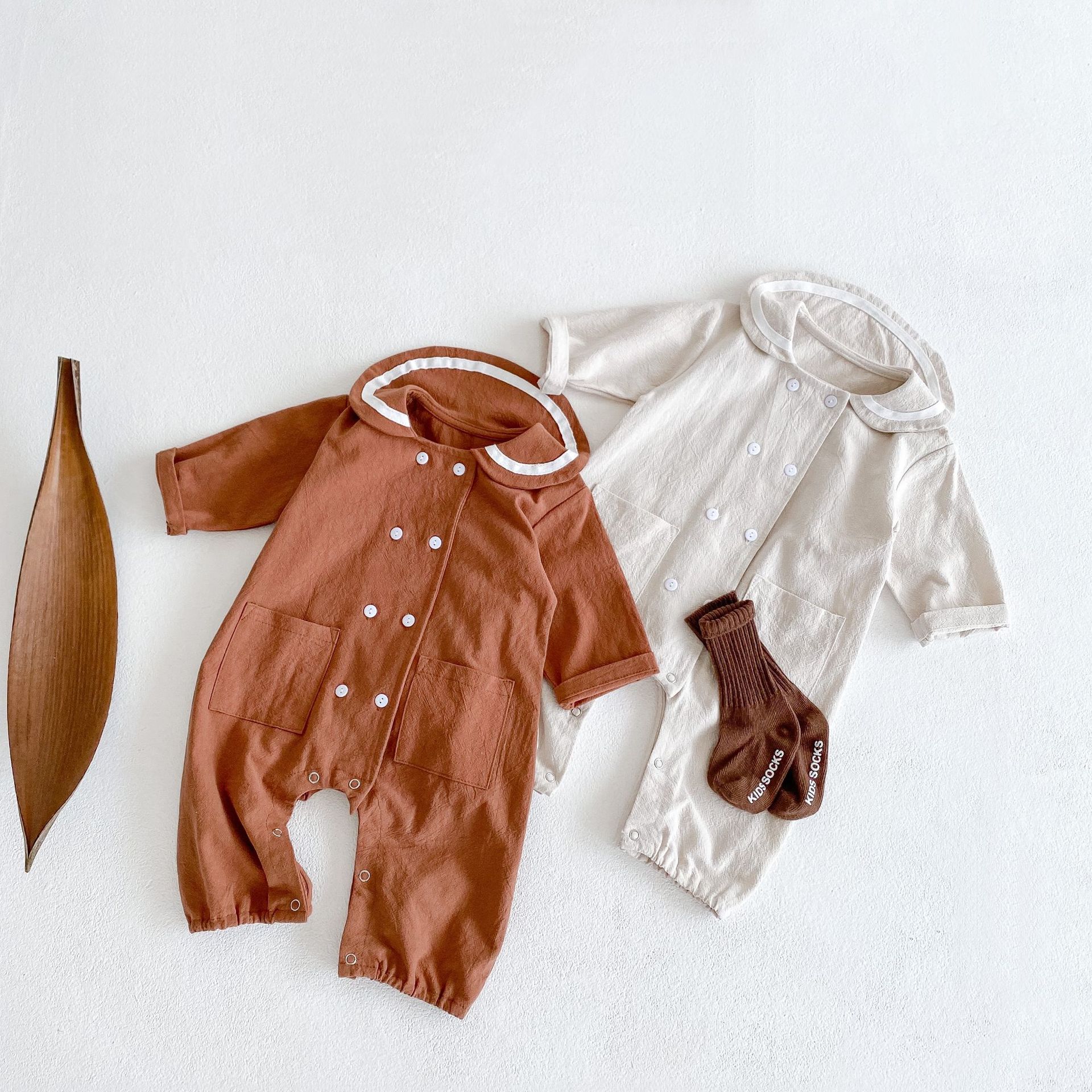 Baby girl doll collar double breasted jumpsuit