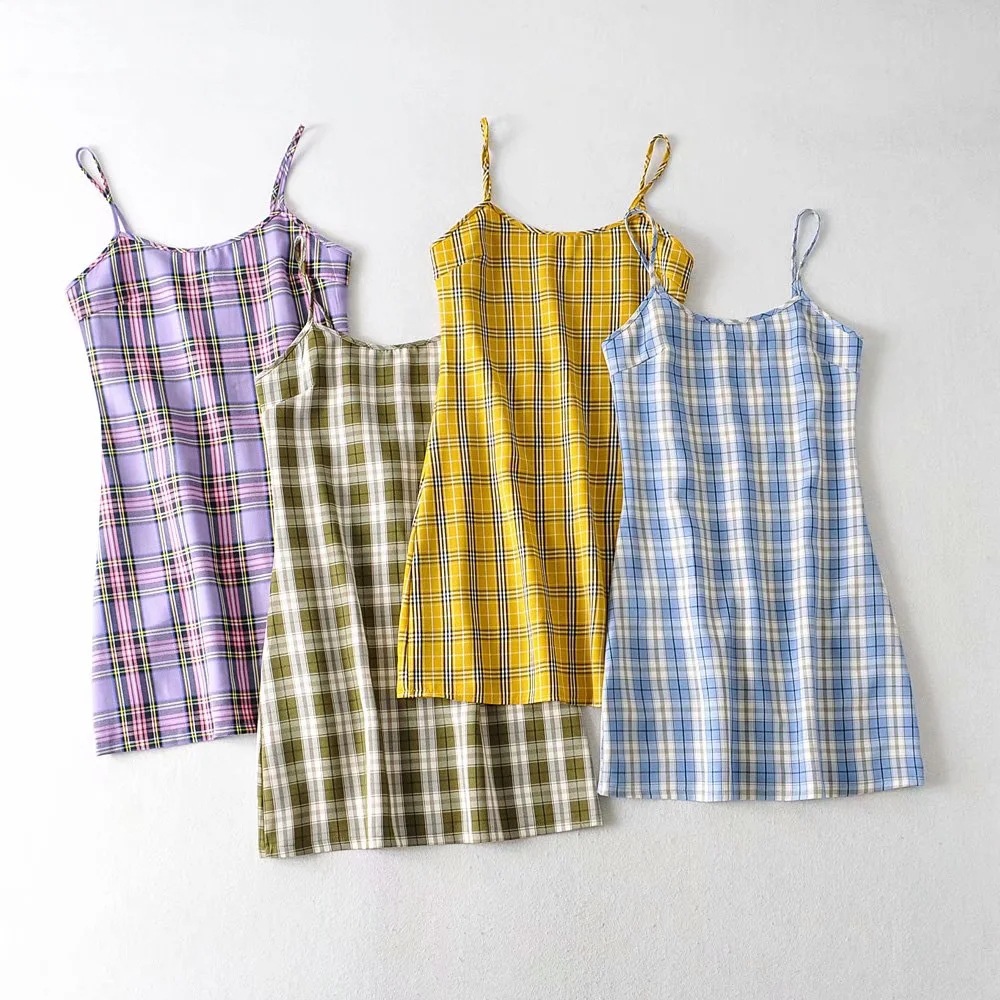 Plaid short dress with suspenders