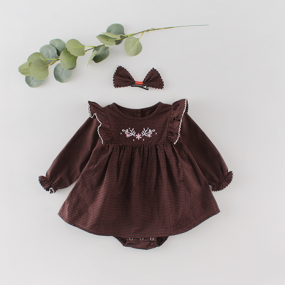 Baby girl embroidered plaid dress climbing clothes
