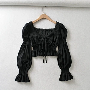 Square neck long sleeve temperament lace shirt