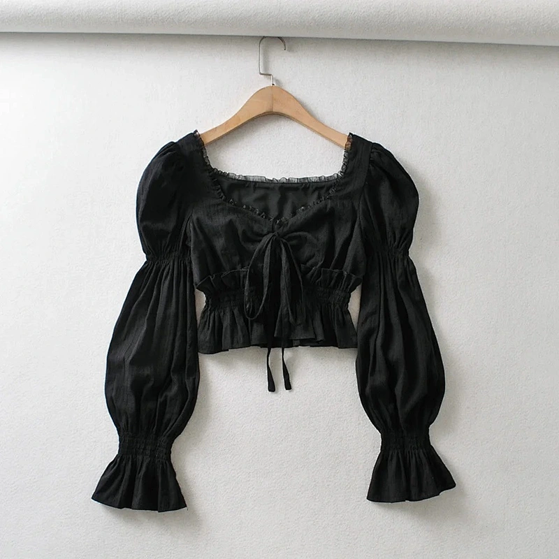 Square neck long sleeve temperament lace shirt