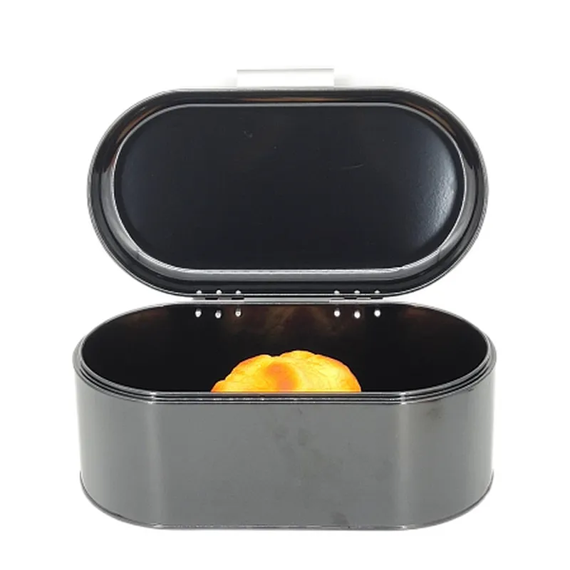 Black Metal Bread bin, Shiny White, Aluminium Handle, Oval Shape