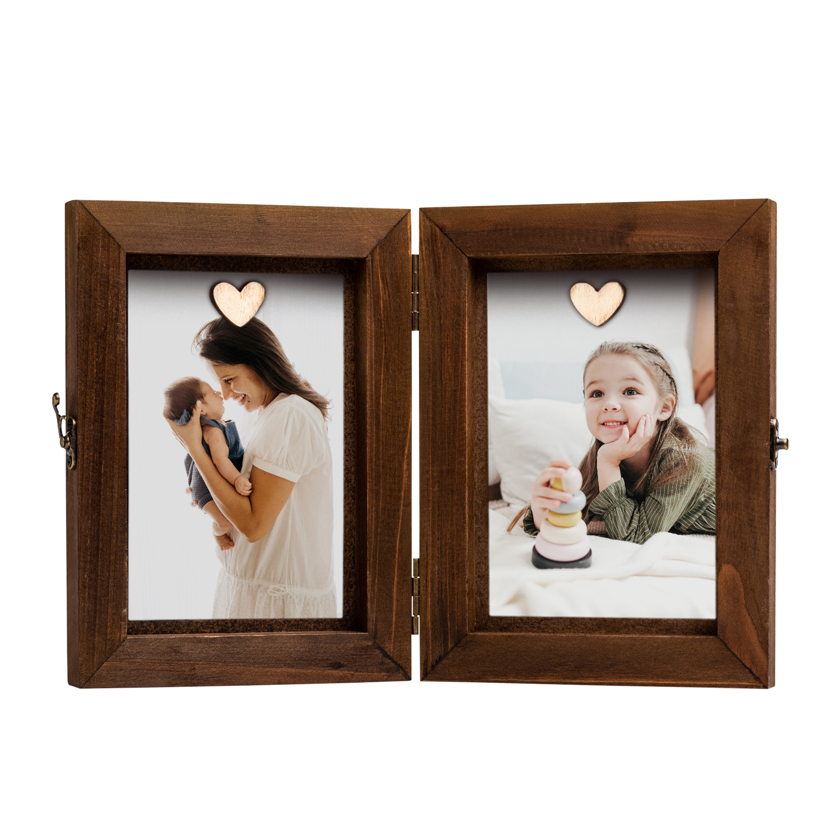 Rustic 4x6 Double Picture Frame Fold Hinged Wood Photo Frame Vintage Metal Buckle Desk Decor