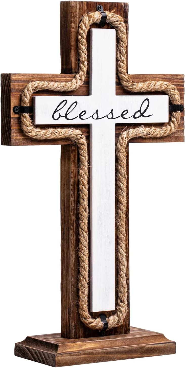 Wooden Cross with Base Blessed Letter Design Spiritual Religious Christians Crosses for Church Home Room Décor