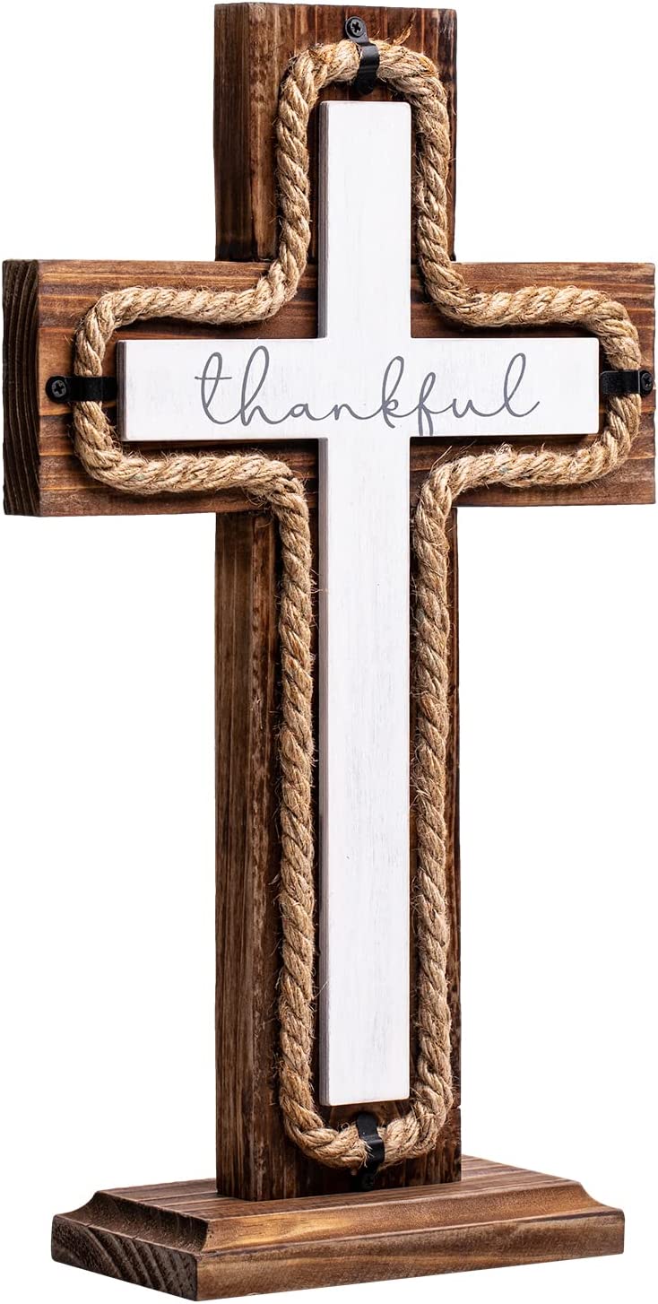 Wall Wooden Cross with Base Rope & Thankful Design Christians Crosses Crucifix Gift.