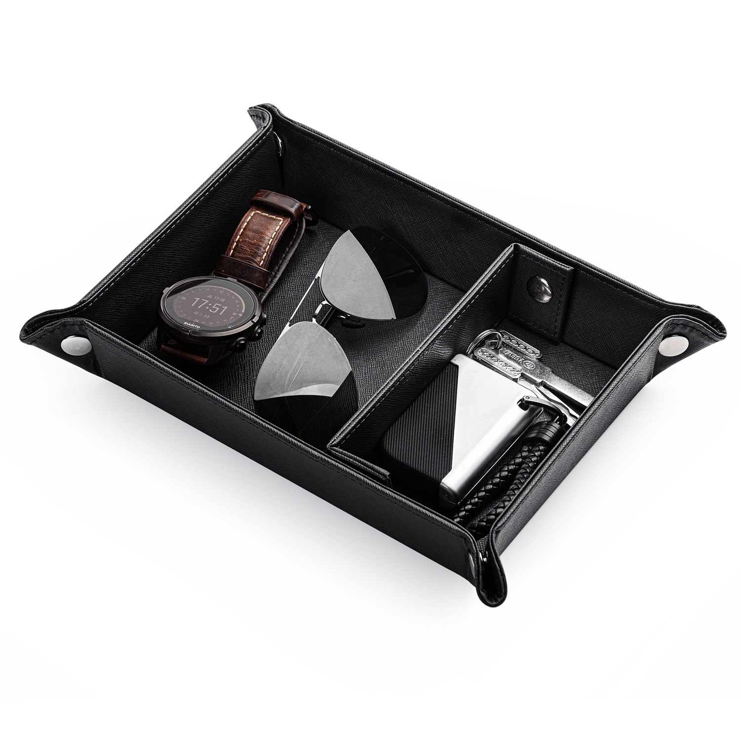 Valet Tray for Men Leather Tray Organizer with Partition, PU Tray for Key, Watch & Practical Storage Tray for Table or Nightstand