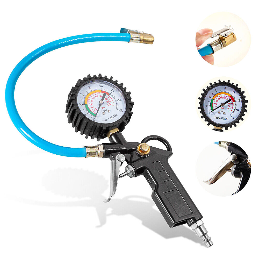 Tire Inflator Gauge 220 PSI with Blow Gun and Swivel Plugs