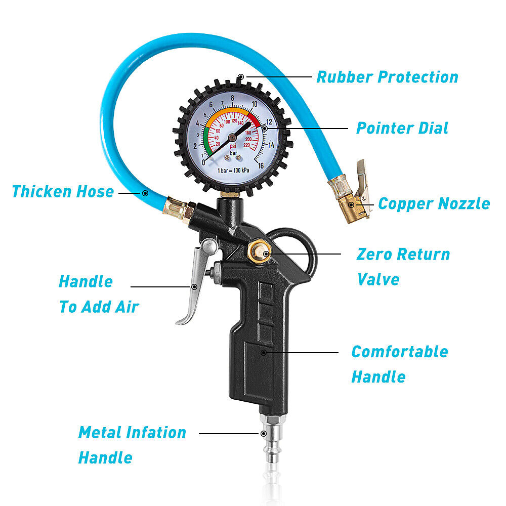 Tire Inflator Gauge 220 PSI with Blow Gun and Swivel Plugs